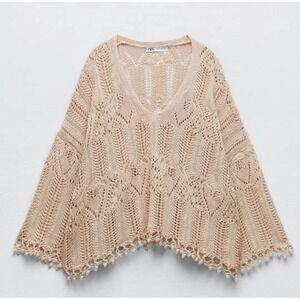 Zara Cream Beige Open Knit Crochet Sweater Top Size Small Coastal Boho